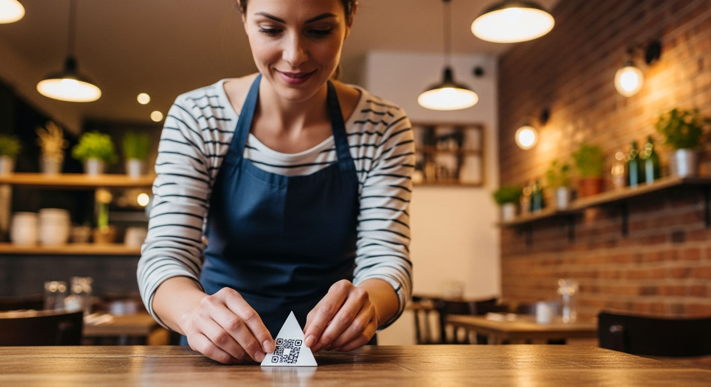 Propietario de un pequeño restaurante configurando un menú digital asequible en una tableta