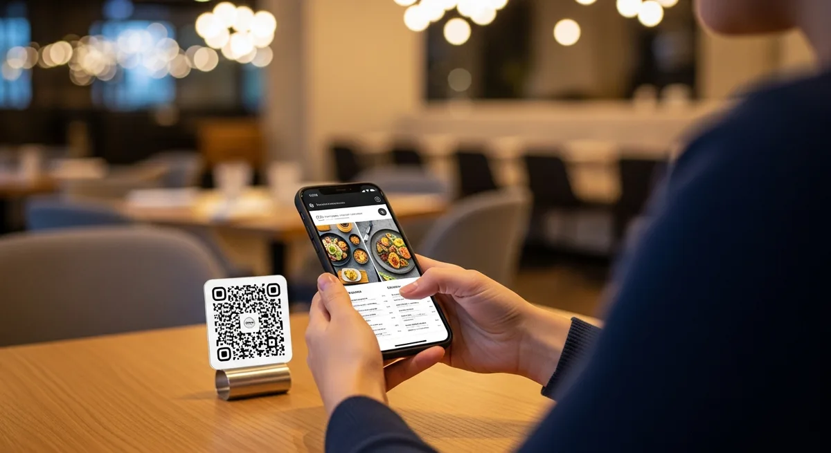 Ospite che utilizza uno smartphone per l'ordinazione contactless a un tavolo di un ristorante moderno con cibo sullo sfondo