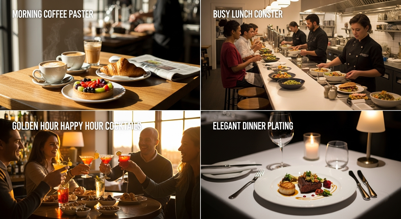 Pizarra de menú digital de restaurante mostrando una estrategia automatizada de menús por franjas horarias con secciones de desayuno, almuerzo, cena y hora feliz