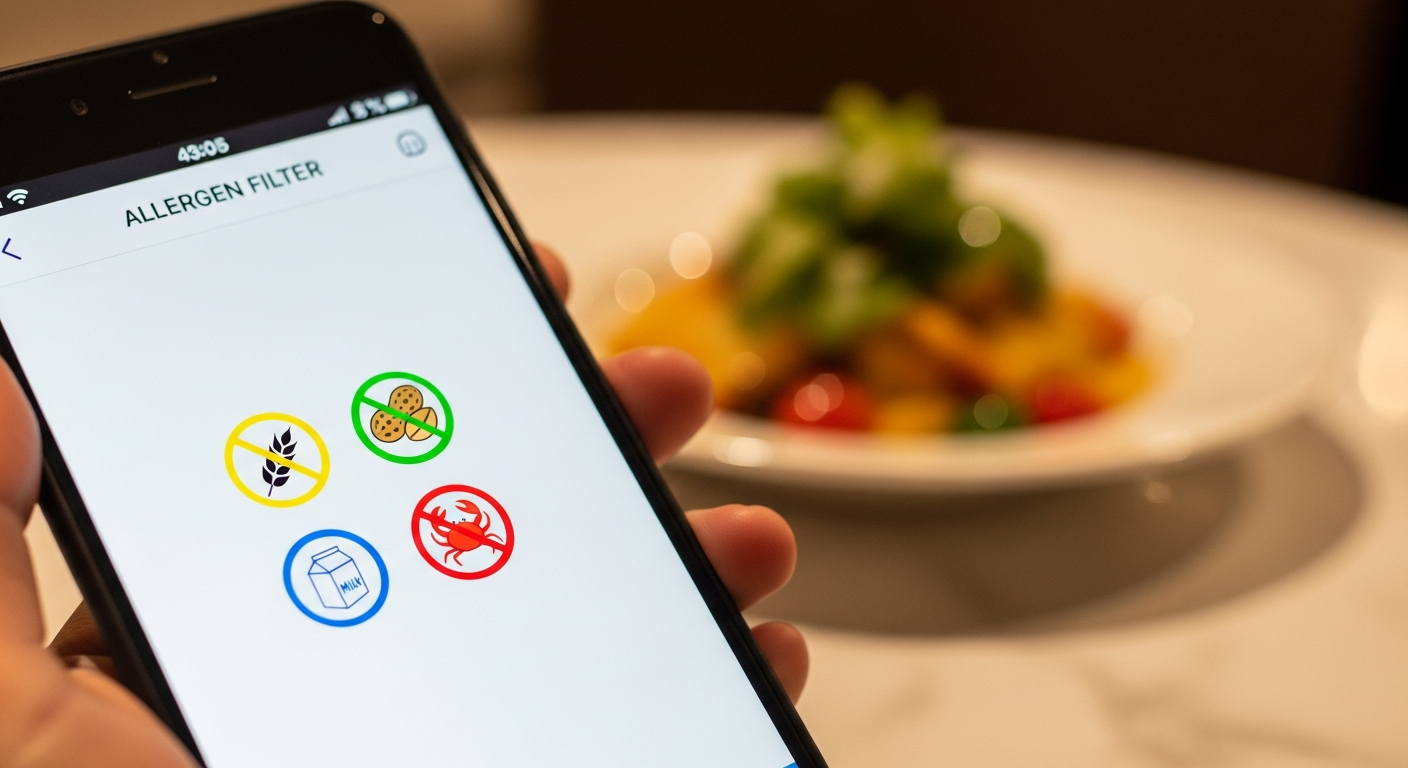 Digital menu displaying allergen compliance icons and filters for restaurant guests