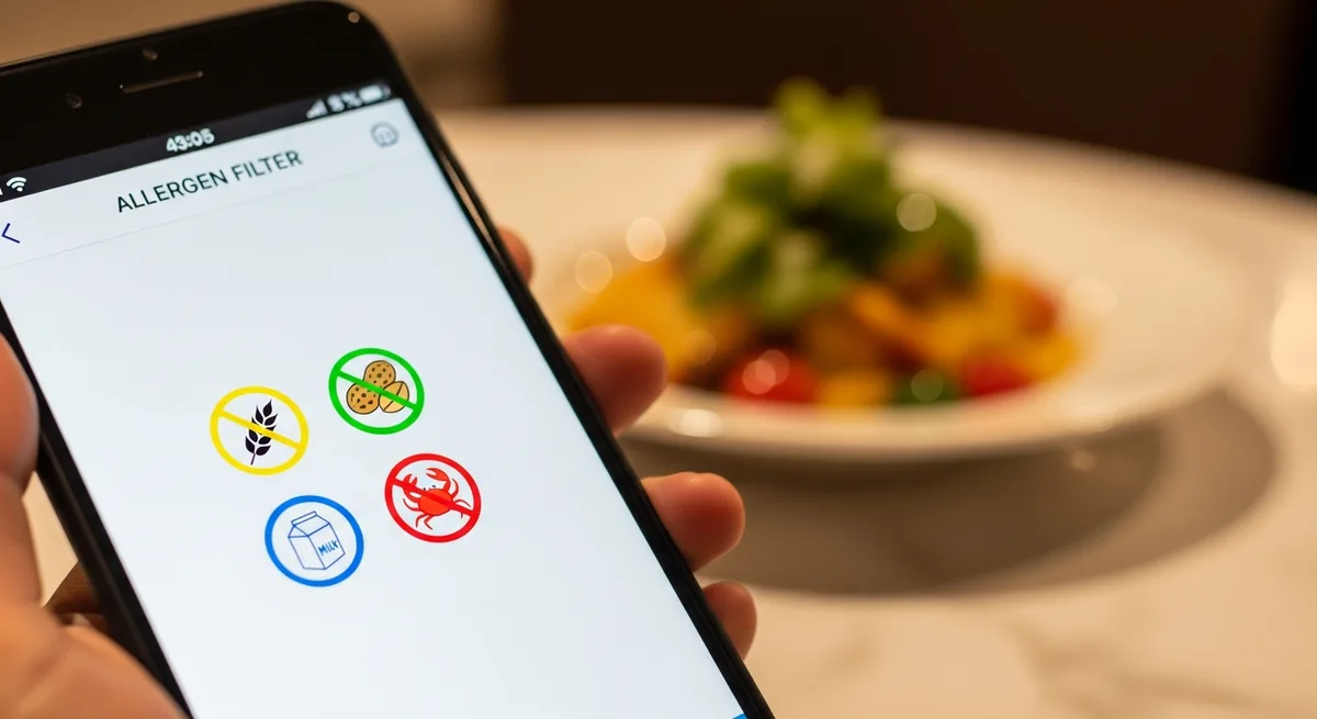 Menu digitale che mostra icone e filtri per la conformità agli allergeni per i clienti del ristorante