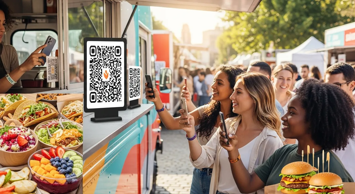 Cliente di food truck che scansiona un QR code per visualizzare un menu digitale sul proprio smartphone