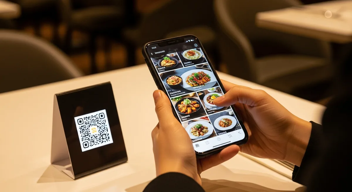 Cliente escaneando un código QR para ver un menú digital de restaurante en su smartphone