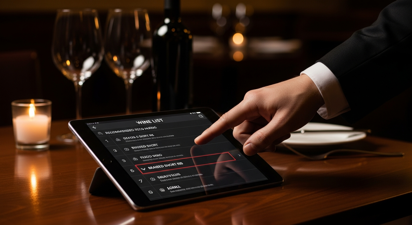 Carta de vinos digital mostrada en una tableta en una mesa de restaurante, mostrando maridajes de vinos y notas de cata