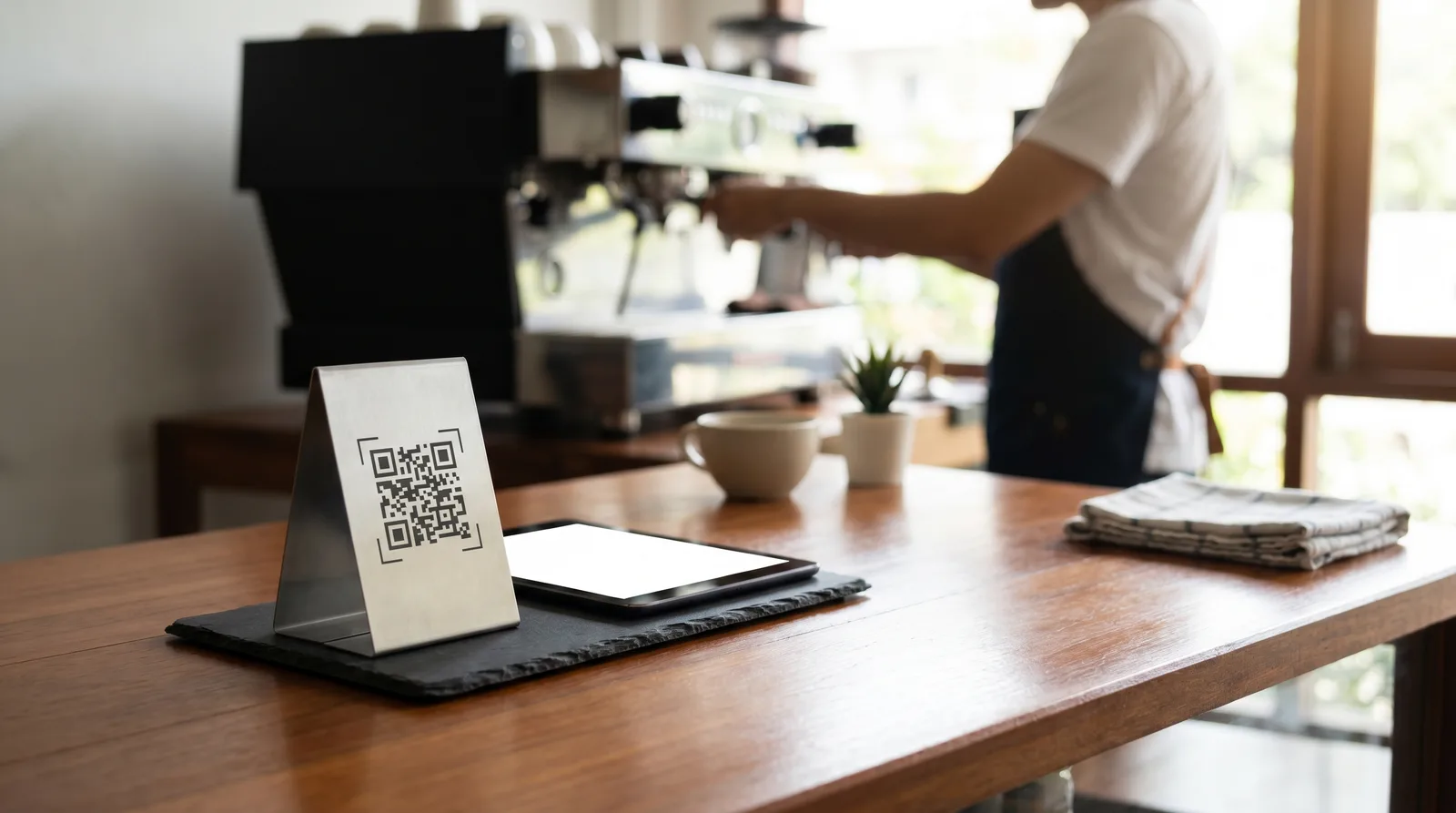 בעל מסעדה סורק יוצר תפריטי קוד QR חינמי בסמארטפון על שולחן בית קפה