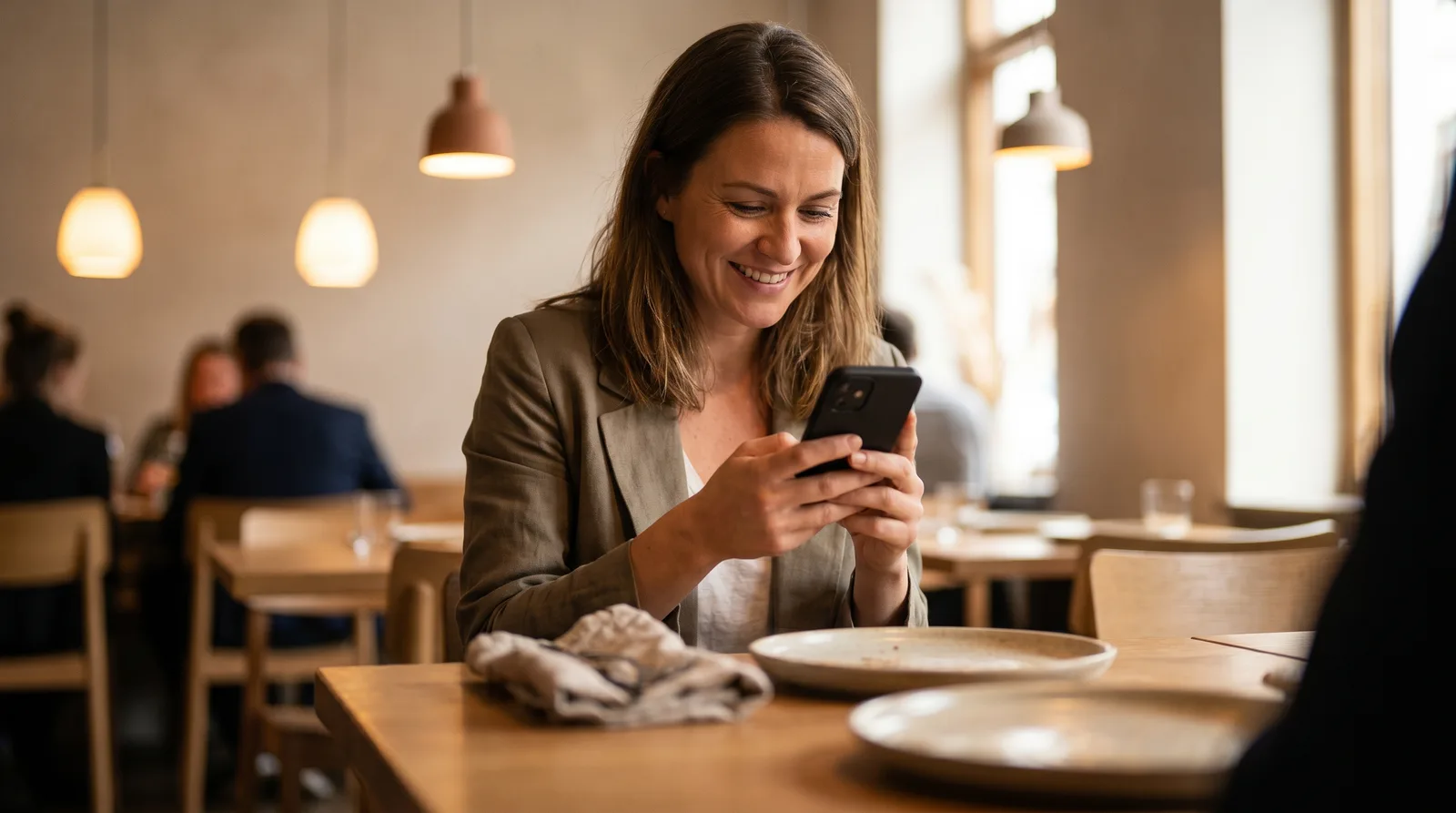 Gast scannt ein QR-Menü und hinterlässt eine von vielen Google-Bewertungen für das Restaurant als 5-Sterne-Bewertung auf einem Smartphone