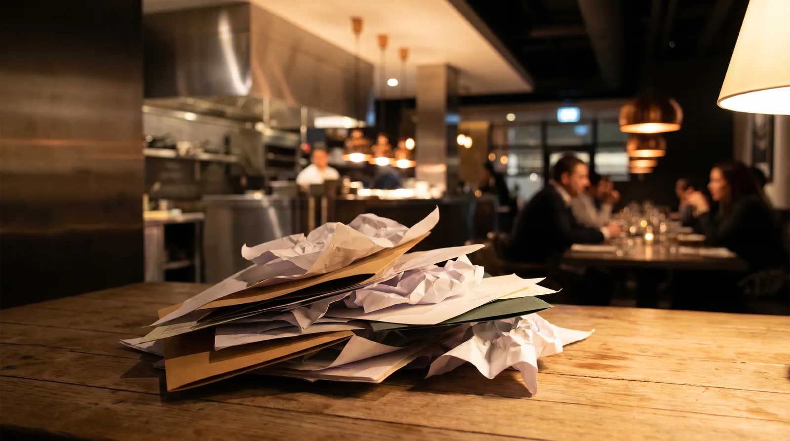 Pila de menús de papel desechados en el mostrador de un restaurante que ilustra el costo oculto del menú de papel