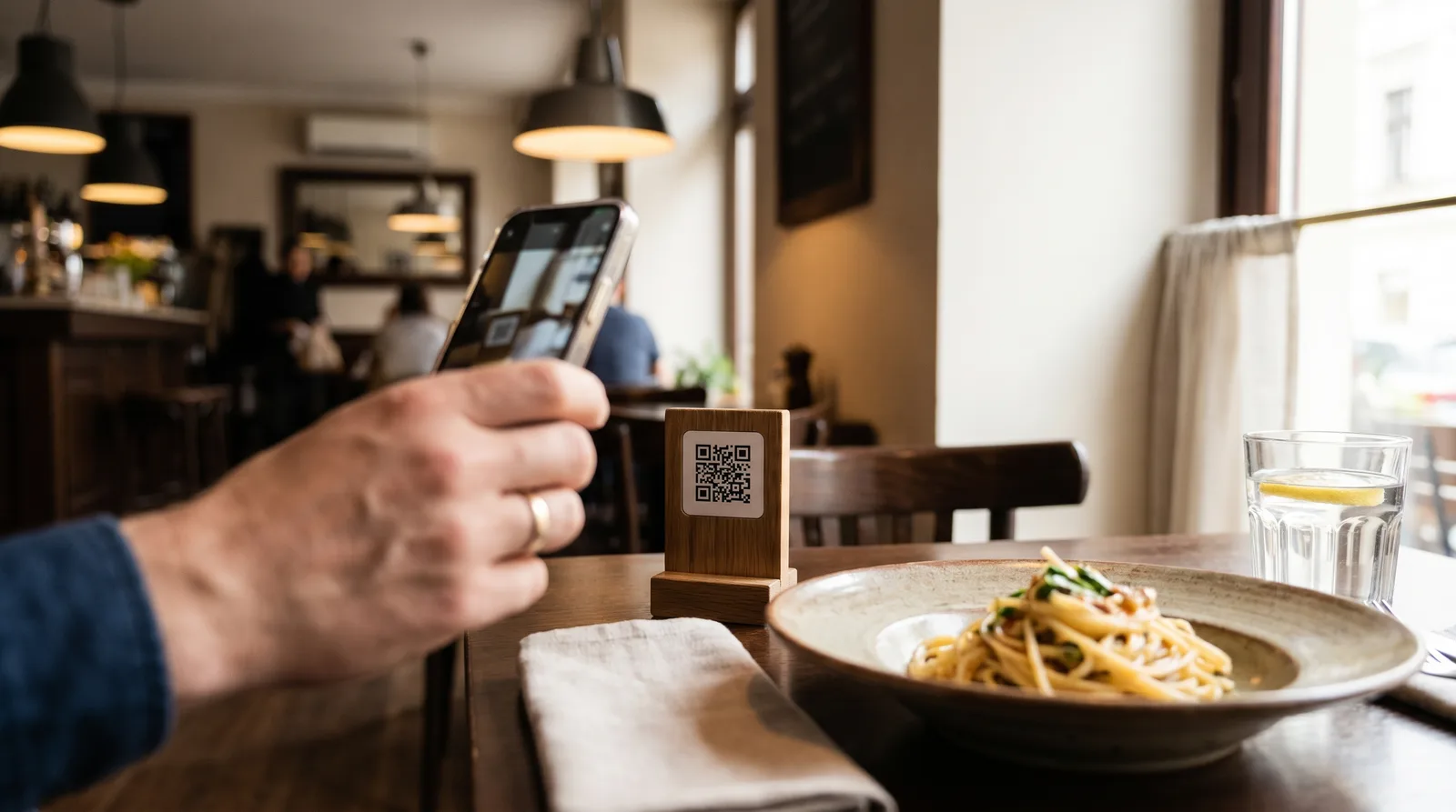 סועד סורק תפריט קוד QR על שולחן במסעדה באמצעות מצלמת הטלפון, ללא צורך באפליקציה