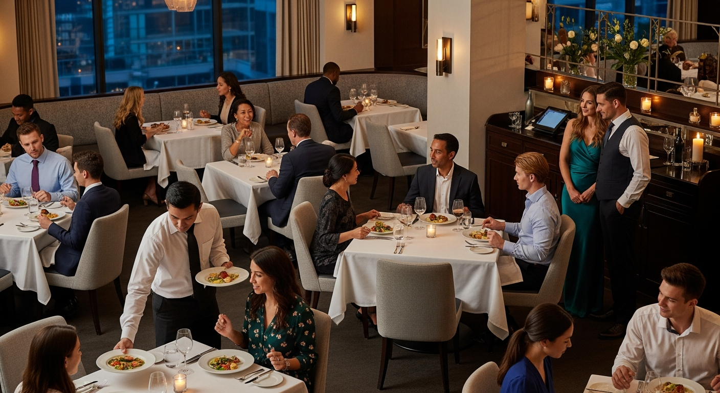 Busy restaurant dining room with efficiently managed table seating during peak hours