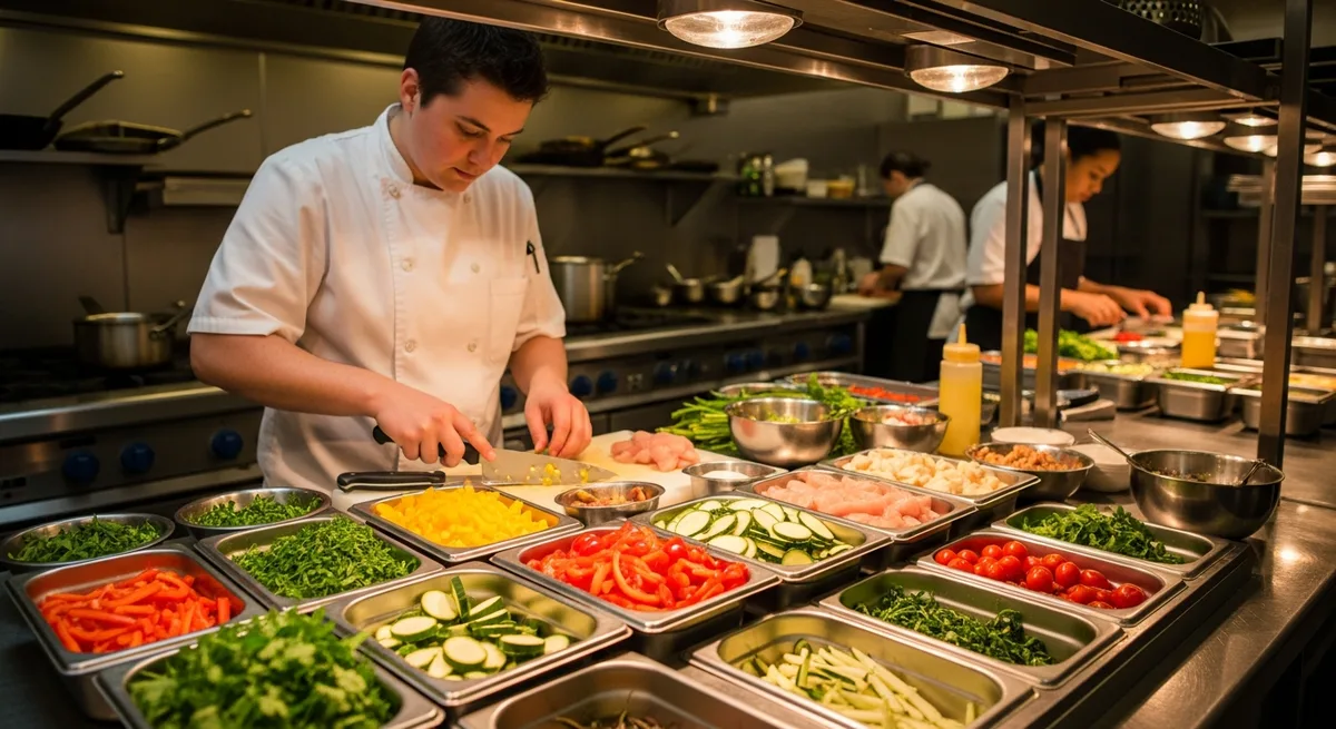 Cucina di ristorante con postazioni di preparazione organizzate che mostrano pratiche di minimo spreco alimentare
