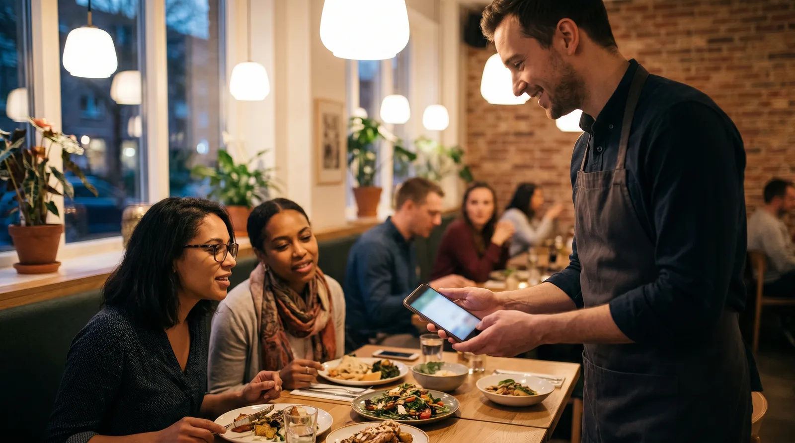 Speisekartenübersetzung im Restaurant mit KI, die ein automatisch in mehrere Sprachen übersetztes Menü auf einem Telefonbildschirm zeigt