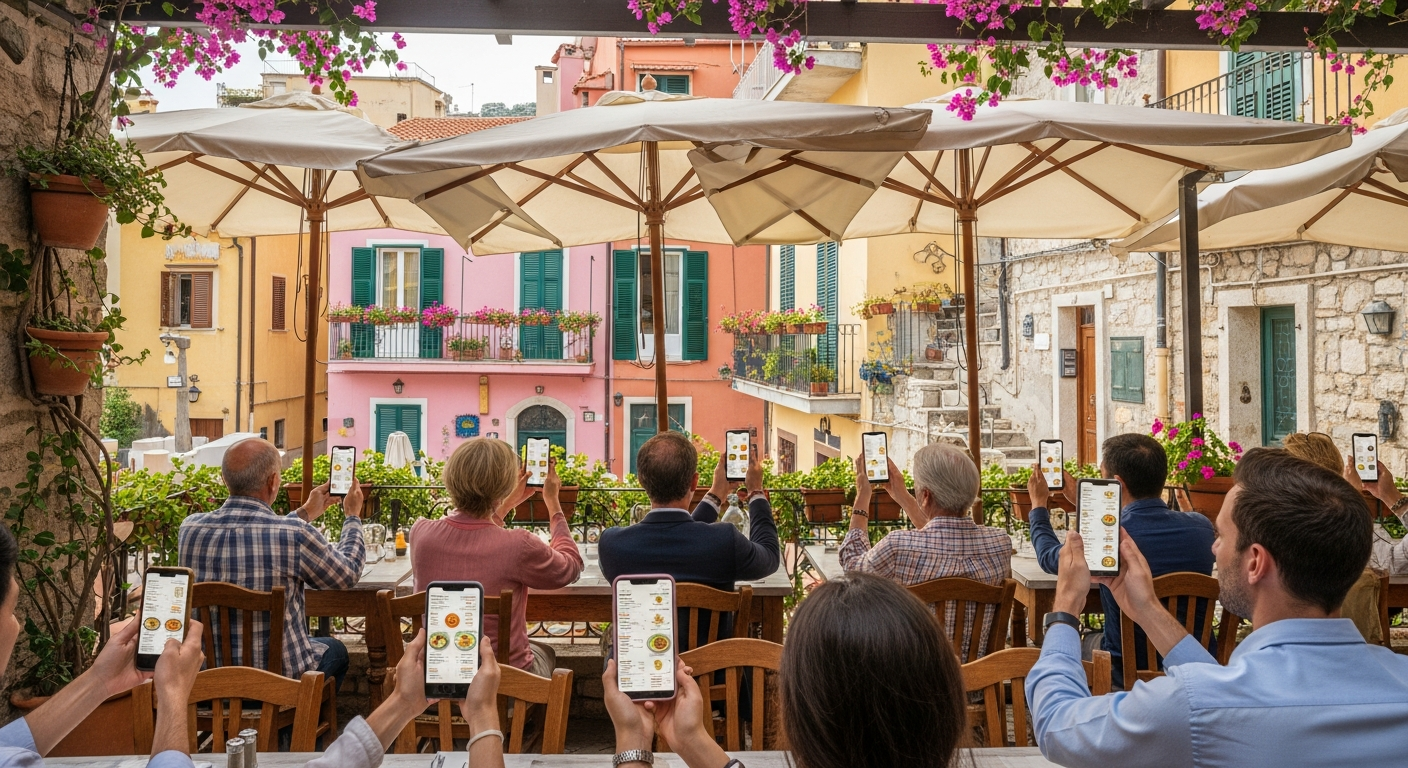 Cliente de restaurante escaneando um QR code para visualizar um cardápio digital multilíngue em seu telefone