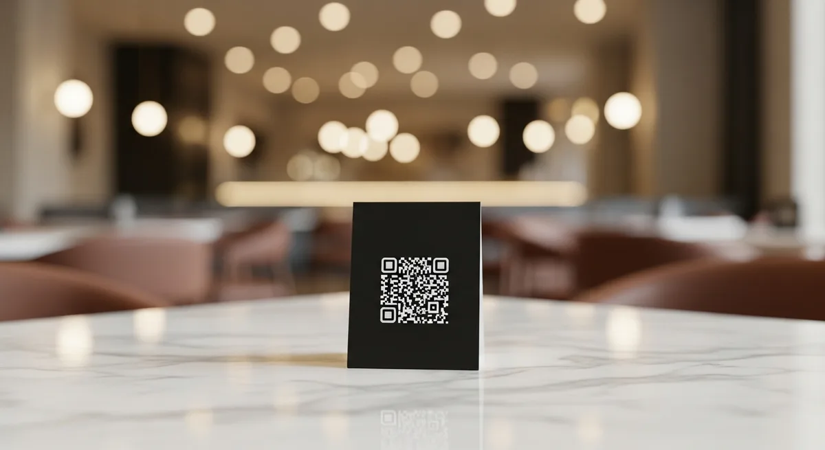 Codice QR stampato su un segnaposto da tavolo in una moderna sala da pranzo di un ristorante