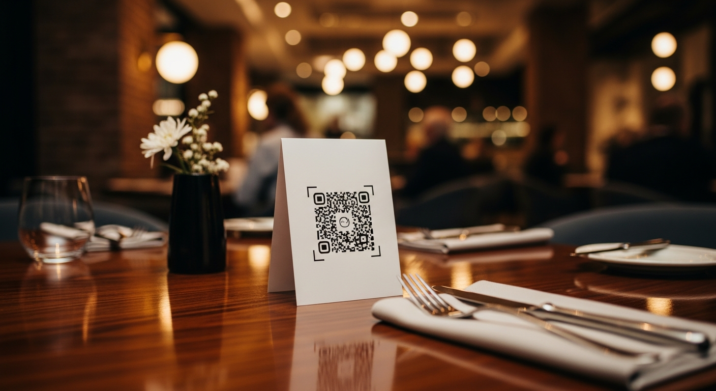 Well-designed branded QR code menu card on a restaurant table with a smartphone scanning it