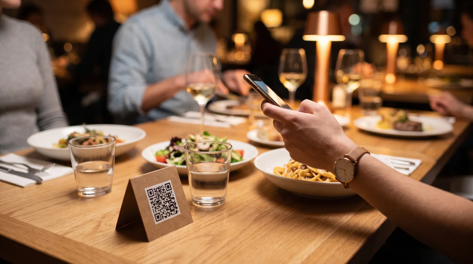 زبون جالس إلى طاولة مطعم يقرأ قائمة رقمية على هاتف ذكي بعد مسح رمز QR