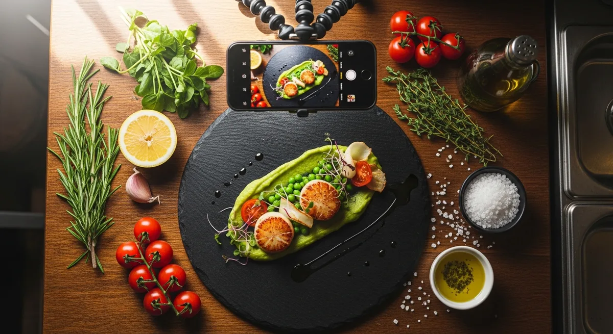 Scatto dall'alto di un piatto di pasta splendidamente impiattato fotografato per un menu digitale di un ristorante