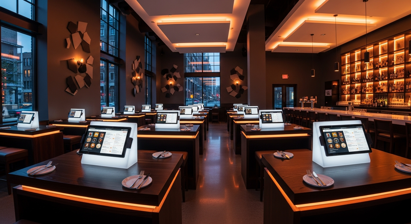 Modern restaurant interior with digital ordering screens and ambient lighting
