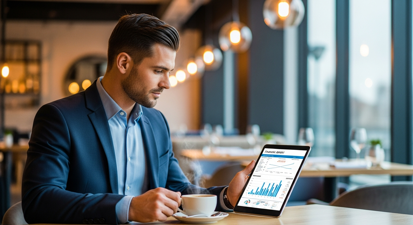 Restaurant owner calculating technology ROI on a laptop with financial charts and a digital menu on screen