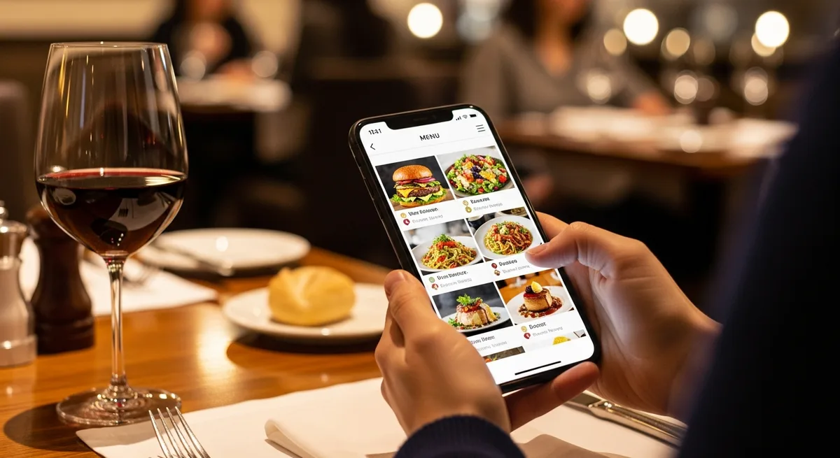 Smartphone che mostra un menu digitale di un ristorante con suggerimenti di upselling e abbinamenti consigliati