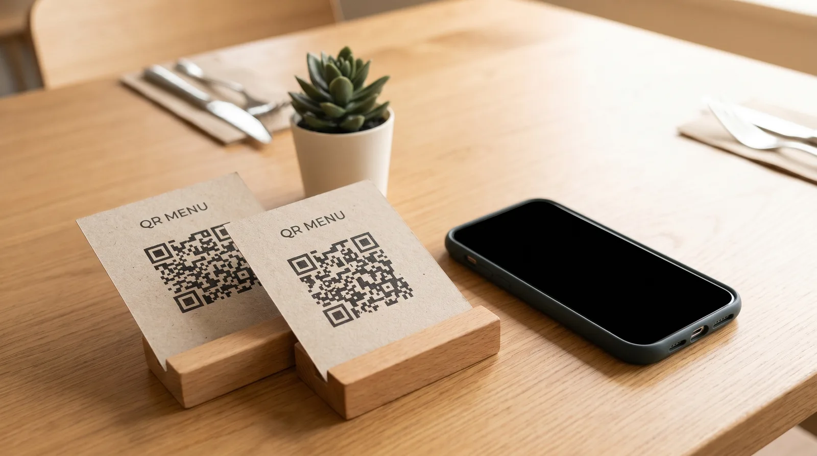 שולחן מסעדה המשווה תפריט קוד QR סטטי מול דינמי על כרטיסים מודפסים