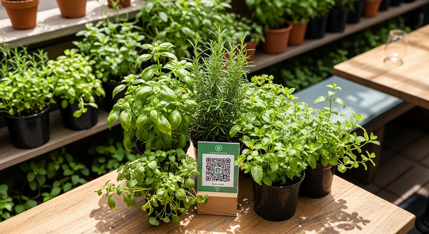 Table de restaurant avec un menu numérique durable affiché sur un smartphone, à côté d'ingrédients frais