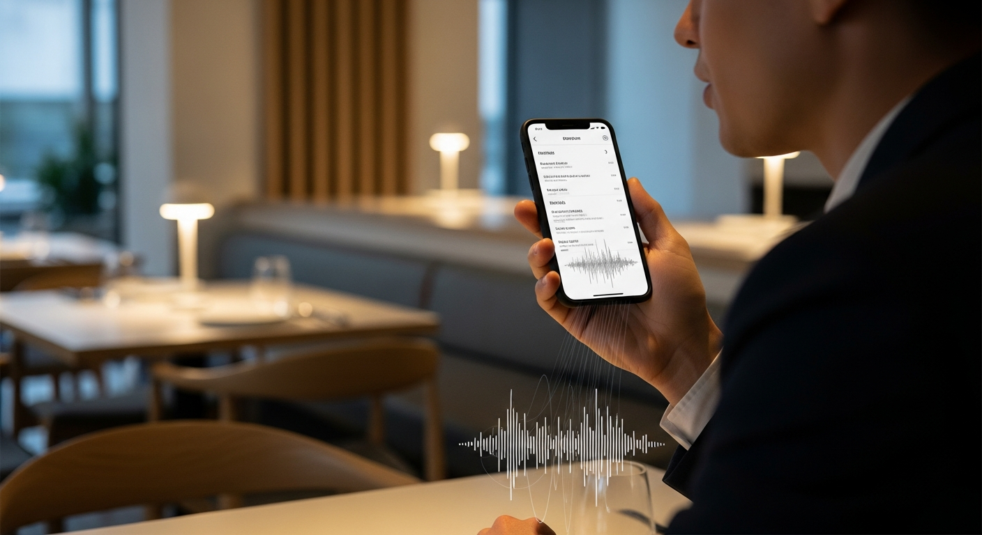 Cliente de restaurante usando pedido por voz em um menu digital exibido em seu smartphone