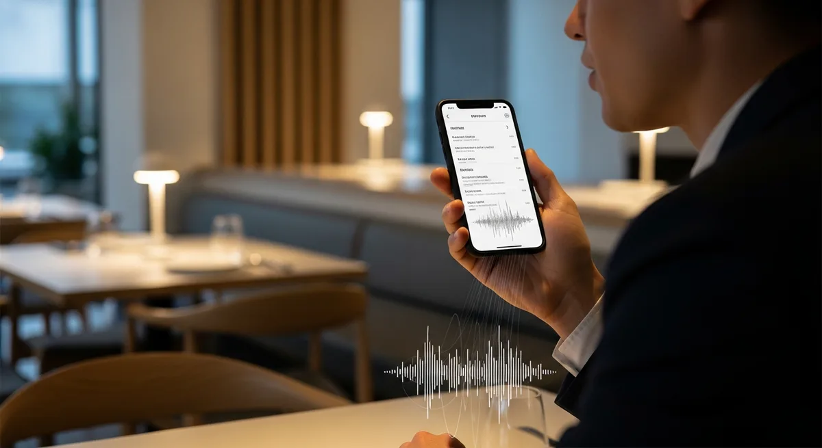 Restaurantgast nutzt Sprachbestellung auf einer digitalen Speisekarte, die auf seinem Smartphone angezeigt wird