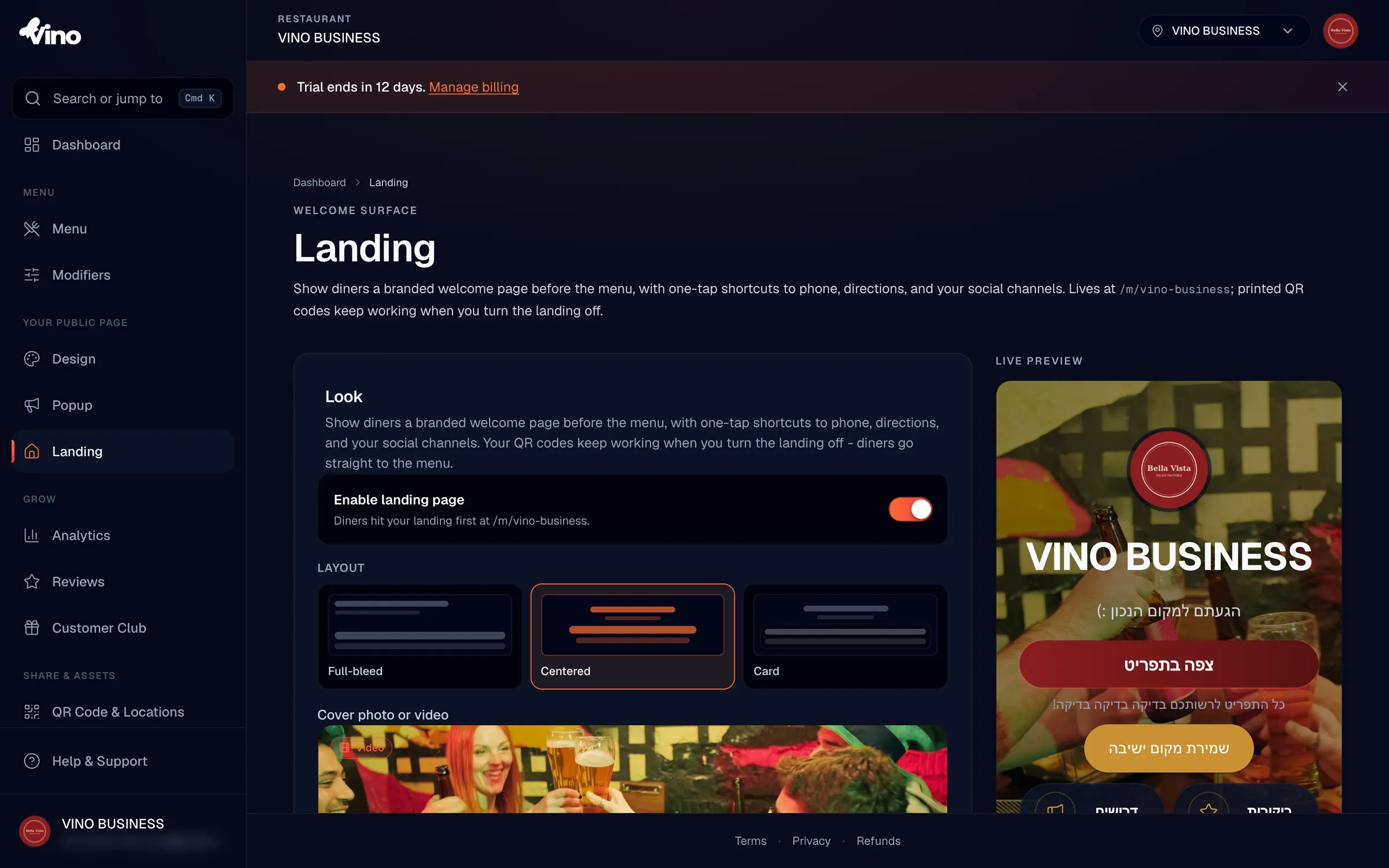 Der Landingpage-Editor mit den Abschnitten Aussehen, Kopfzeile, Aktionen und Social in einer linken Spalte und einer mobilen Live-Vorschau rechts, die das Titelbild, die primäre Schaltfläche und die Kontakt-Verknüpfungen zeigt.
