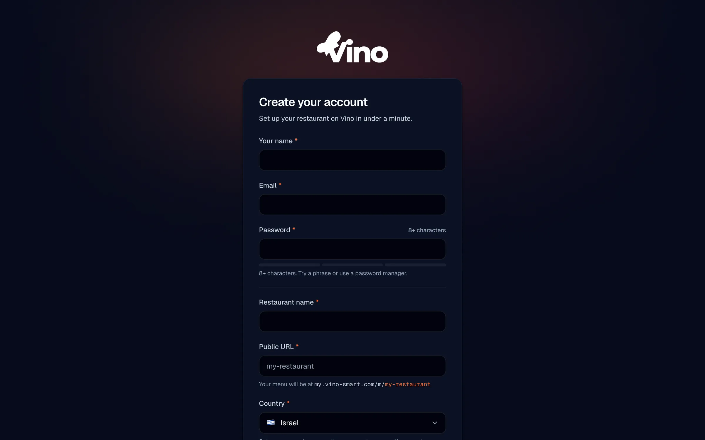 Il modulo di registrazione di Vino con i campi per il tuo nome, l'email, la password con indicatore di robustezza in tempo reale, il nome del ristorante, lo slug dell'URL pubblico del menù con verifica della disponibilità in tempo reale e un menù a tendina per il paese.