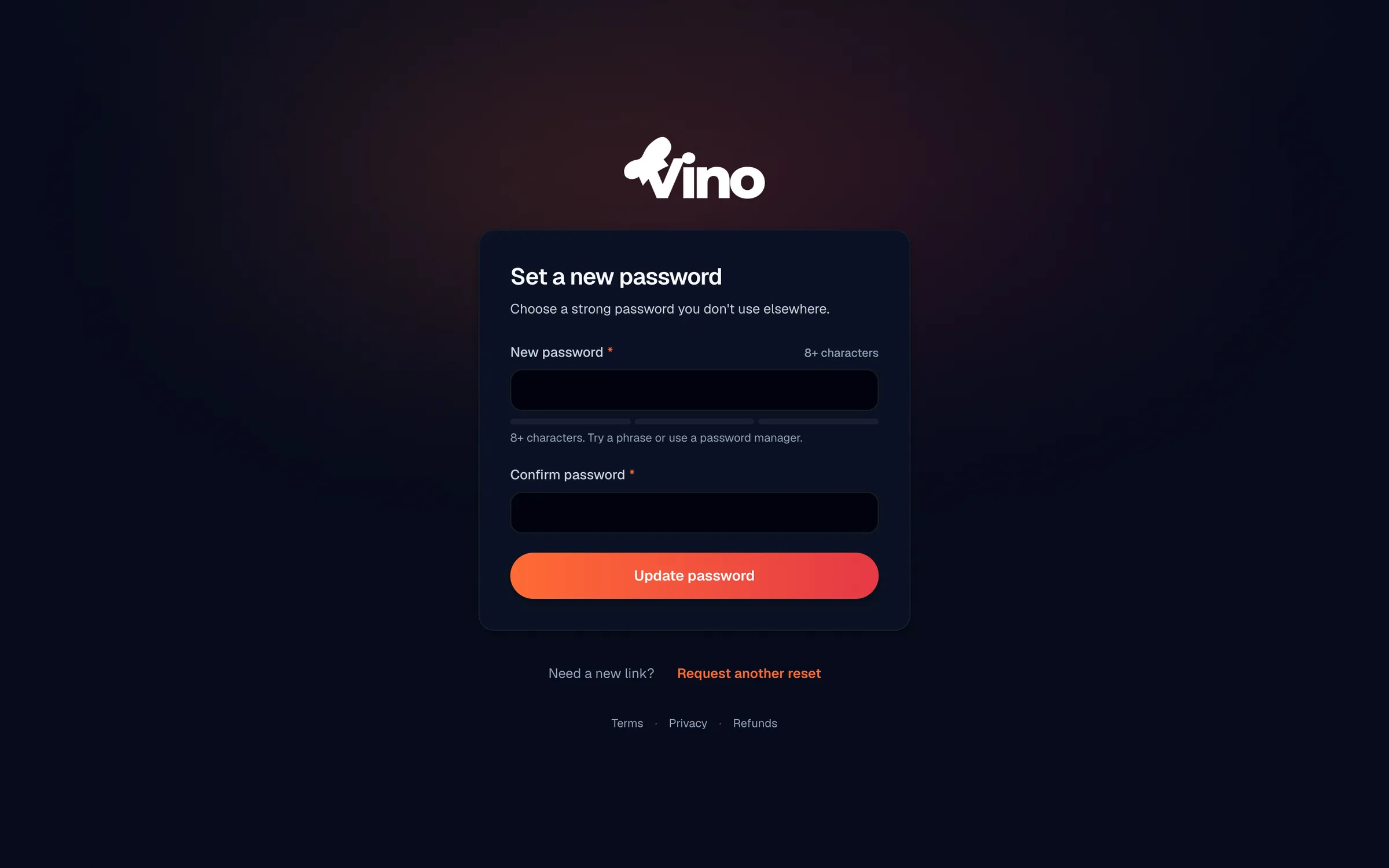 Il modulo di reimpostazione della password con un campo per la nuova password che mostra una barra di robustezza, un campo di conferma della password e un pulsante 'Aggiorna password' per impostare una password nuova dopo aver cliccato sul link dell'email.
