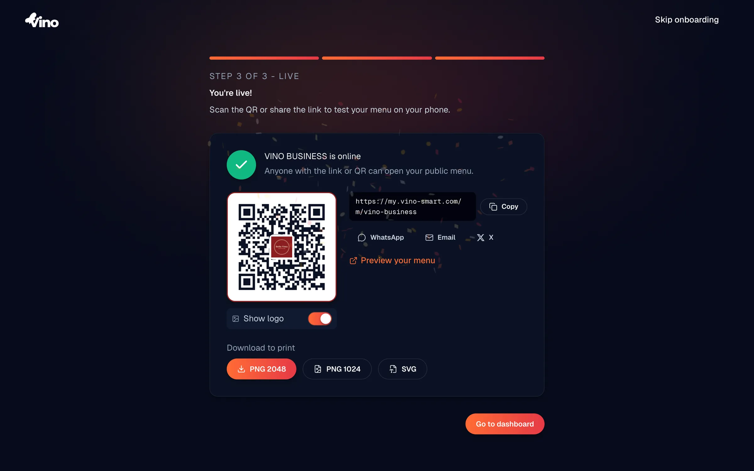 Passaggio 3 di 3 (Online) nello stato 'Sei online' che mostra un codice QR generato con un interruttore Mostra logo, la pillola dell'URL del menù pubblico, i pulsanti di condivisione per Email, WhatsApp e X e un pulsante Vai alla dashboard.