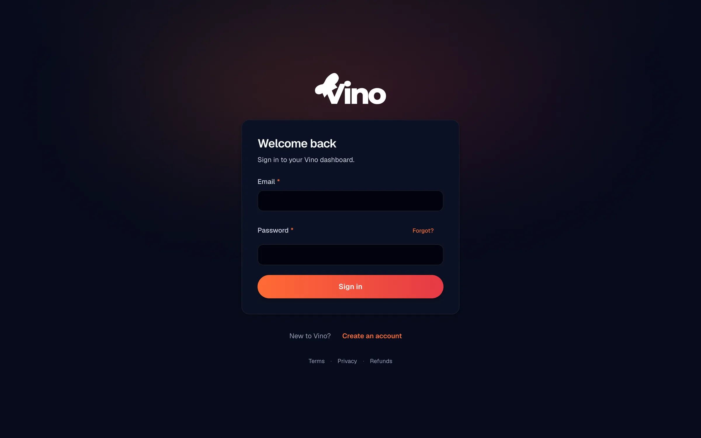 Il modulo di login di Vino che mostra i campi email e password con il link 'Dimenticata?' nell'angolo in alto a destra dell'area password, che avvia il processo di reimpostazione della password quando non riesci a ricordarla.