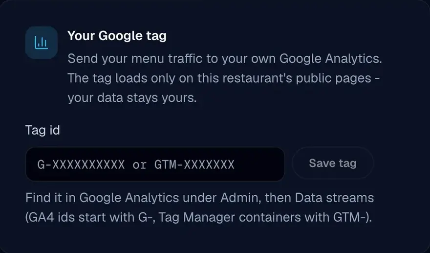 כרטיס תג ה-Google בעמוד הנתונים, עם שדה למזהה התג וכפתור לשמירה.